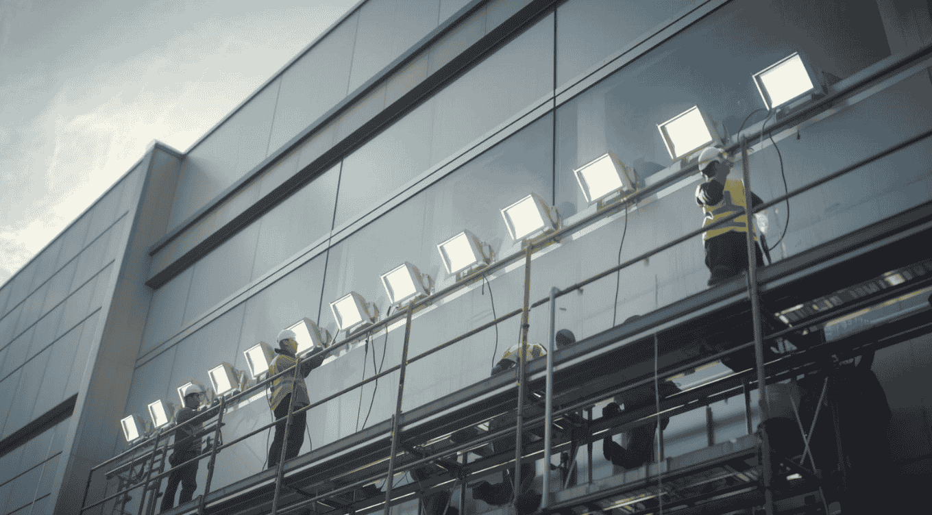 The building’s exterior is perfectly illuminated by a sequence of high-performance uniyonds floodlights.